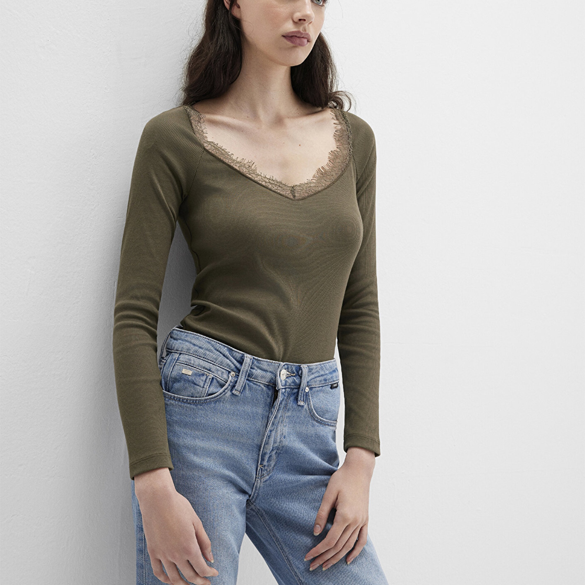 Mavi Uzun Kollu Haki Tişört Fitted / Vücuda Oturan Kesim 1613851-87538