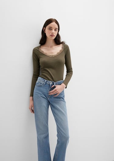  Mavi Uzun Kollu Haki Tişört Fitted / Vücuda Oturan Kesim 1613851-87538