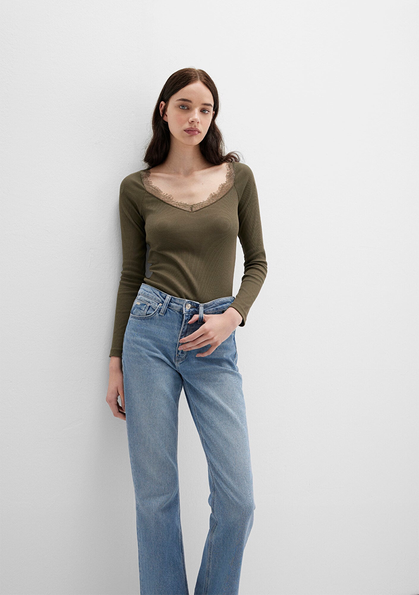  Mavi Uzun Kollu Haki Tişört Fitted / Vücuda Oturan Kesim 1613851-87538