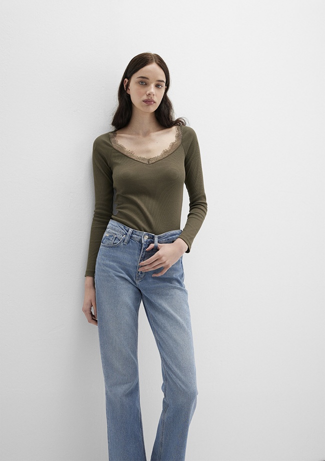  Mavi Uzun Kollu Haki Tişört Fitted / Vücuda Oturan Kesim 1613851-87538