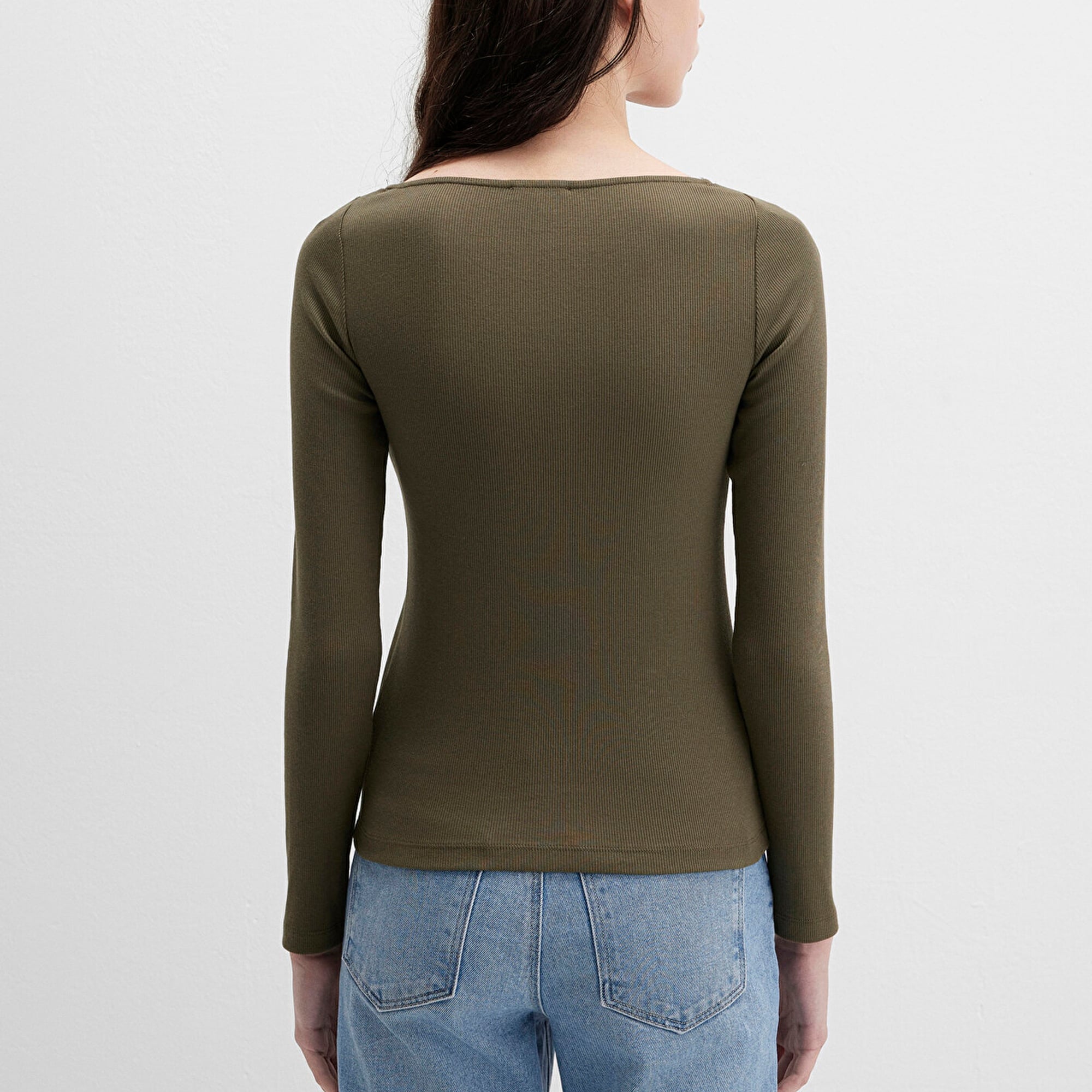 Mavi Uzun Kollu Haki Tişört Fitted / Vücuda Oturan Kesim 1613851-87538