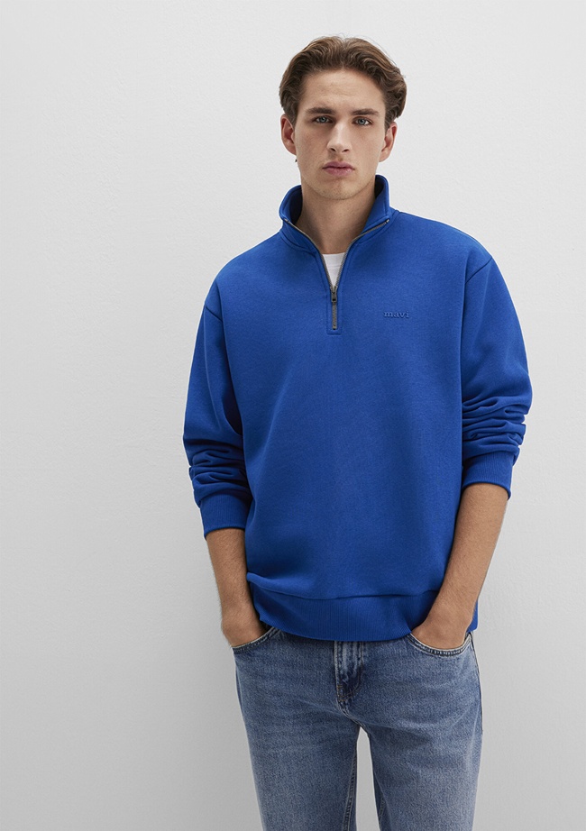  Mavi Yarı Fermuarlı Mavi Logo Baskılı Mavi Sweatshirt 0S10585-70907