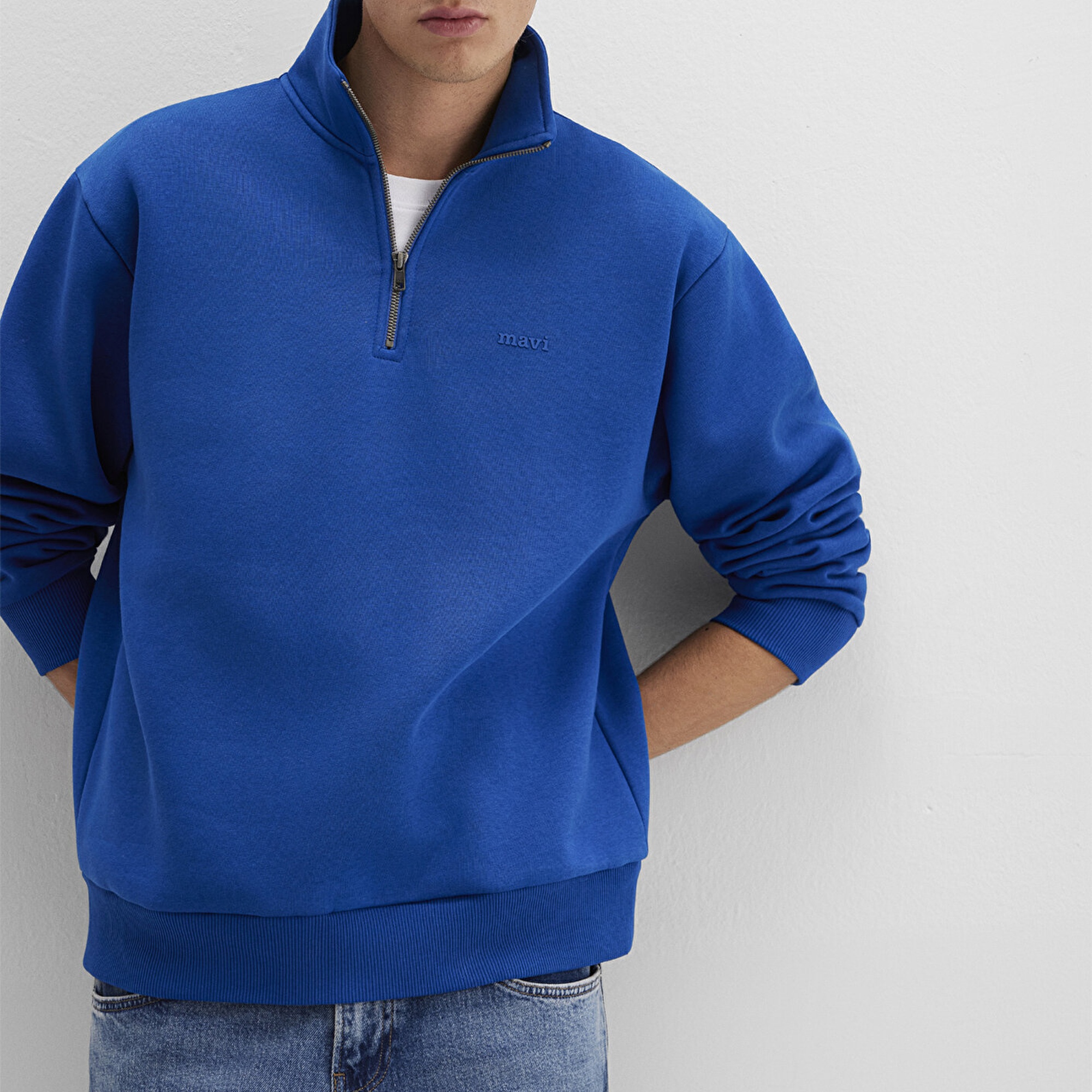 Mavi Yarı Fermuarlı Mavi Logo Baskılı Mavi Sweatshirt 0S10585-70907