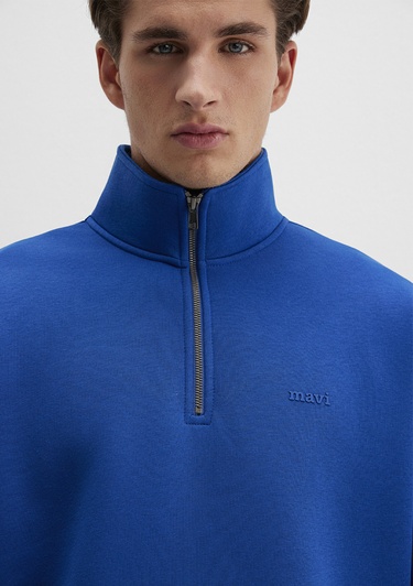  Mavi Yarı Fermuarlı Mavi Logo Baskılı Mavi Sweatshirt 0S10585-70907
