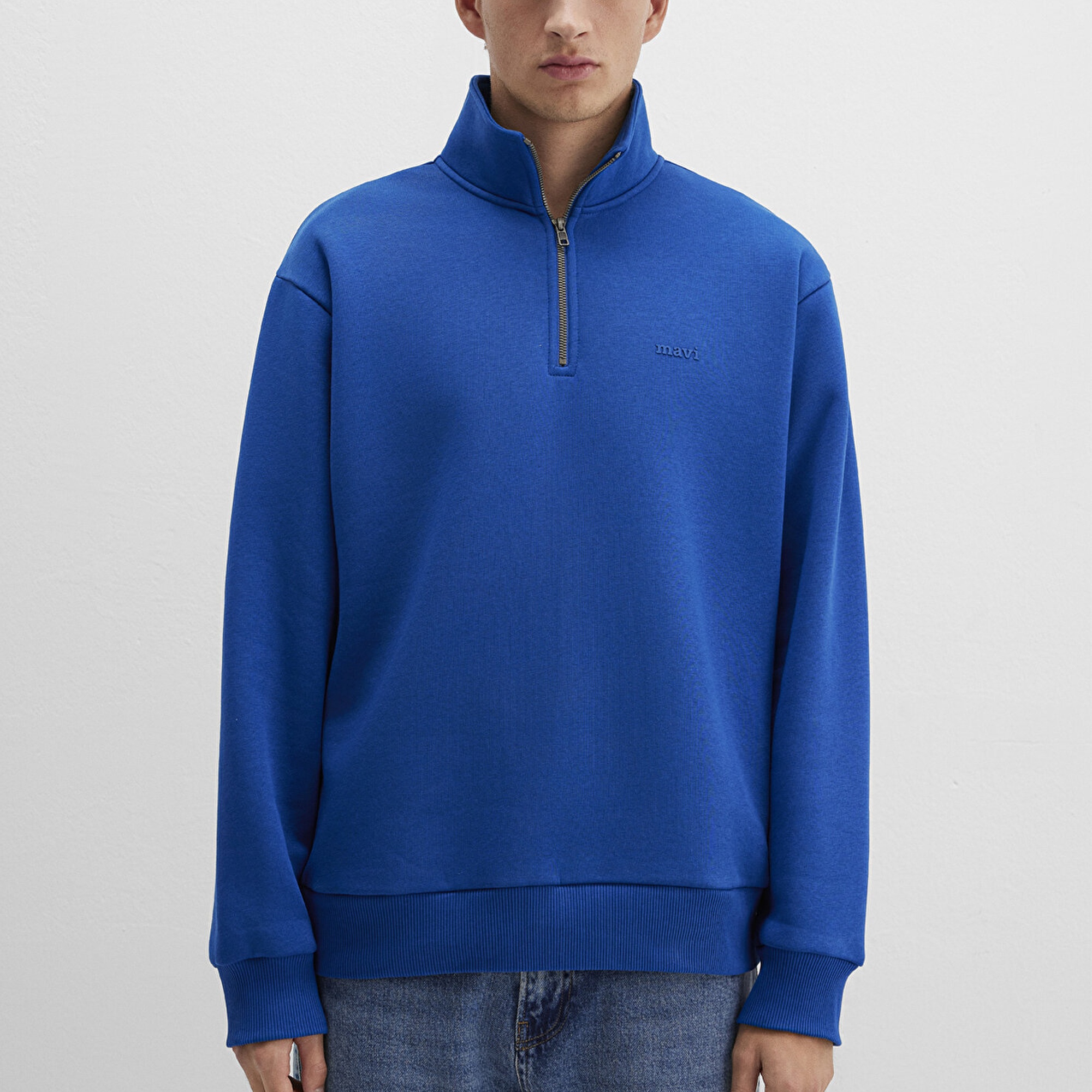 Mavi Yarı Fermuarlı Mavi Logo Baskılı Mavi Sweatshirt 0S10585-70907