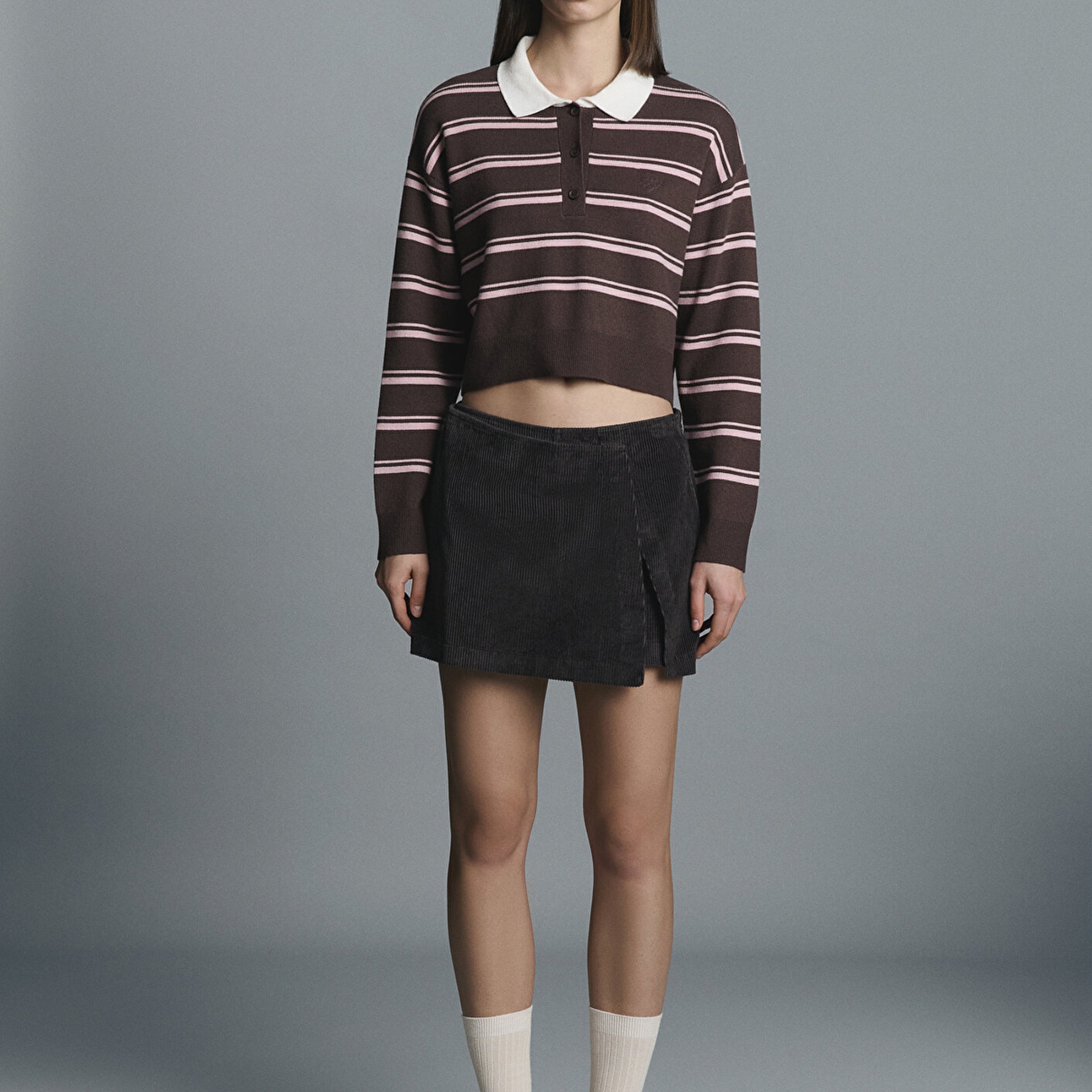 Mavi Polo Yaka Çizgili Kazak Crop / Kısa Kesim 1710877-91456