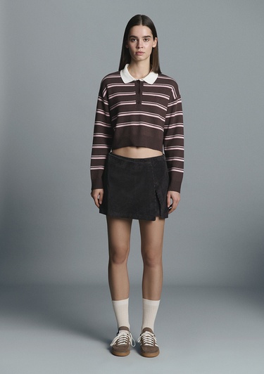  Mavi Polo Yaka Çizgili Kazak Crop / Kısa Kesim 1710877-91456