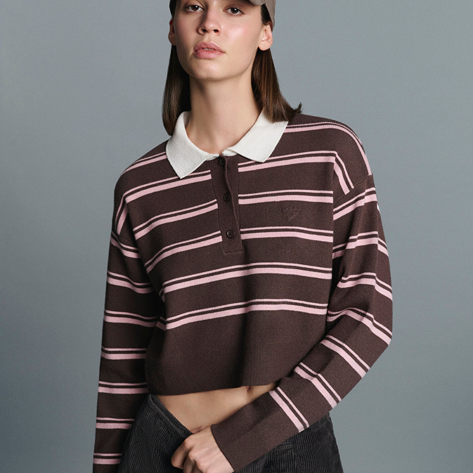 Mavi Polo Yaka Çizgili Kazak Crop / Kısa Kesim 1710877-91456