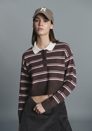  Mavi Polo Yaka Çizgili Kazak Crop / Kısa Kesim 1710877-91456