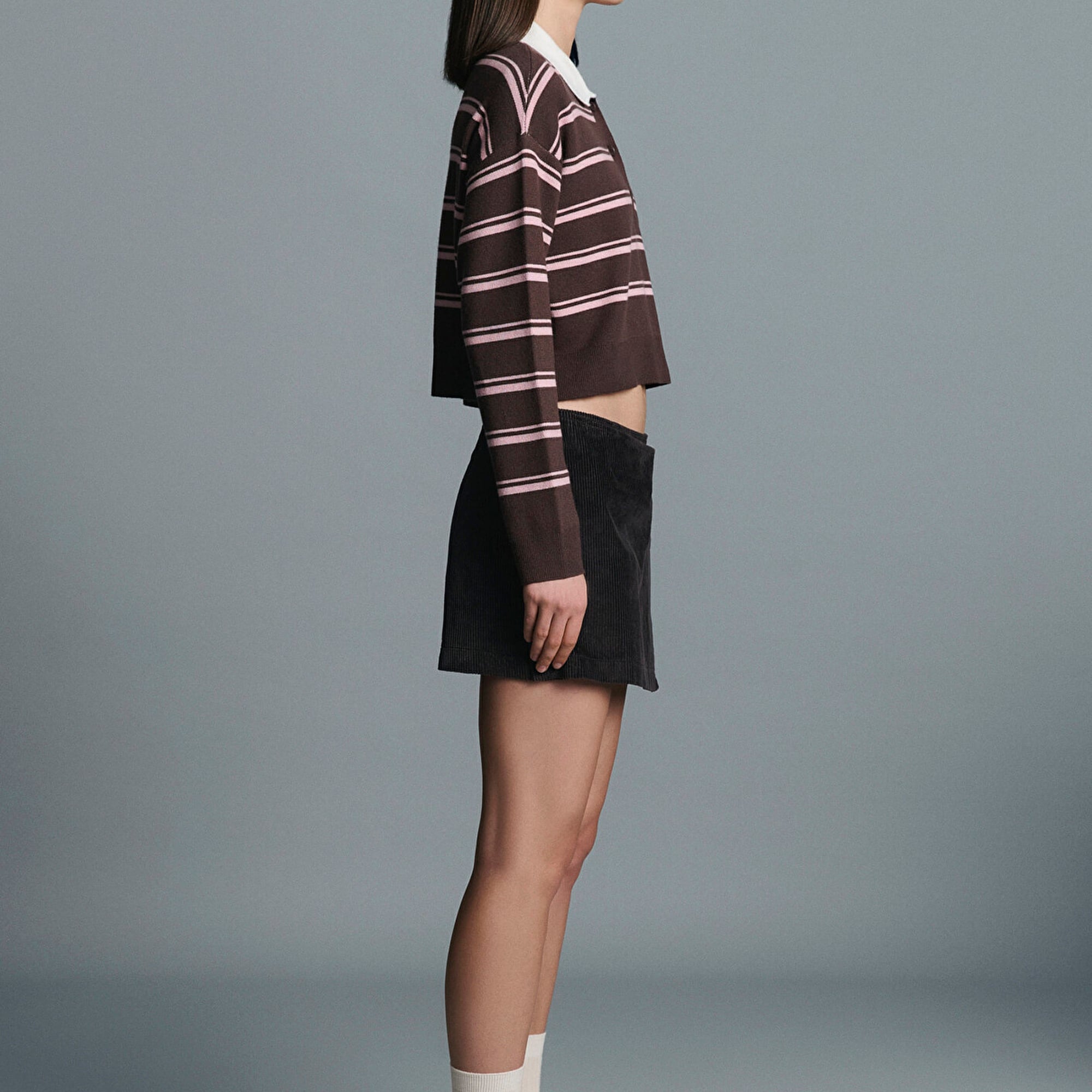 Mavi Polo Yaka Çizgili Kazak Crop / Kısa Kesim 1710877-91456