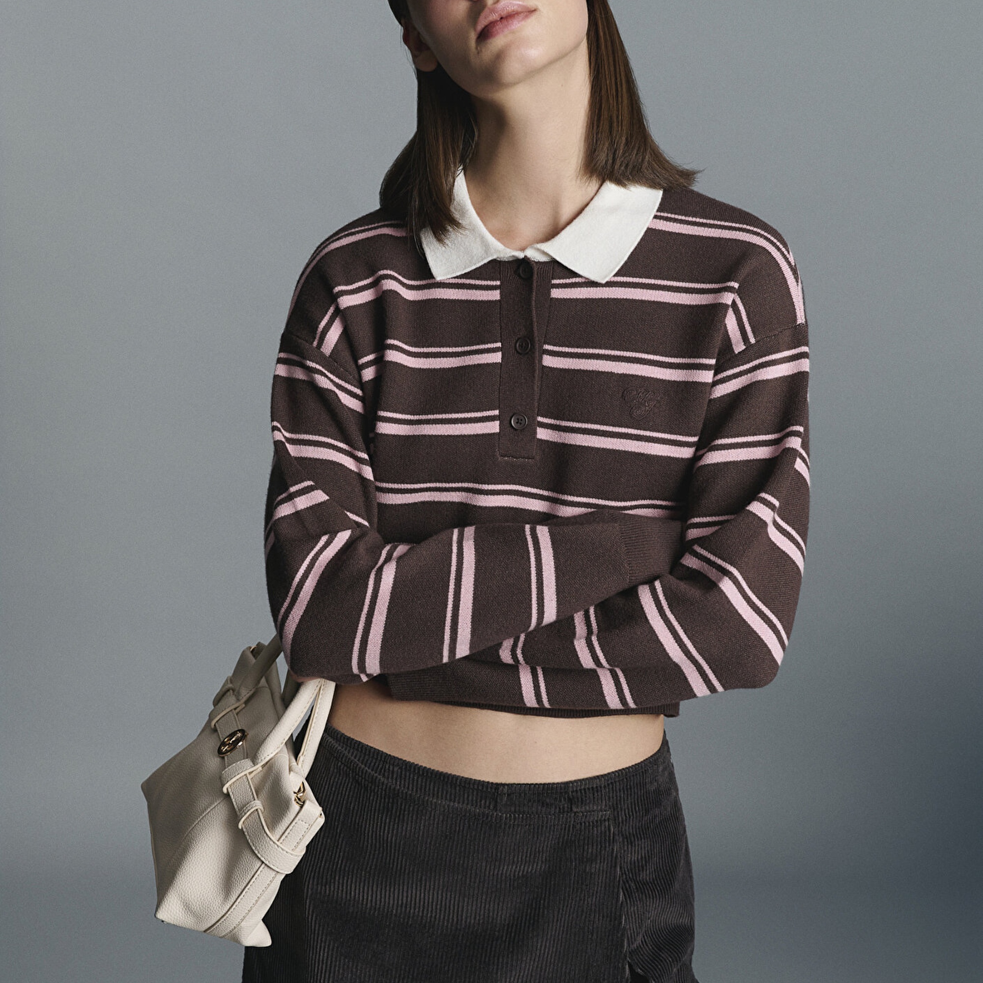 Mavi Polo Yaka Çizgili Kazak Crop / Kısa Kesim 1710877-91456