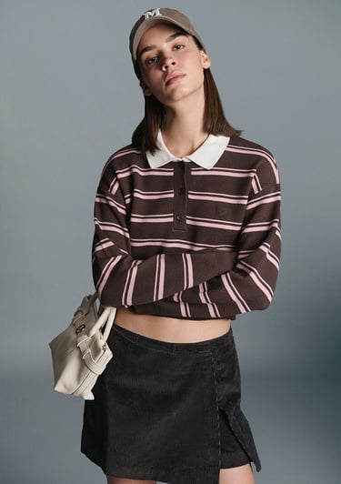  Mavi Polo Yaka Çizgili Kazak Crop / Kısa Kesim 1710877-91456