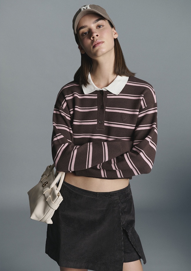  Mavi Polo Yaka Çizgili Kazak Crop / Kısa Kesim 1710877-91456