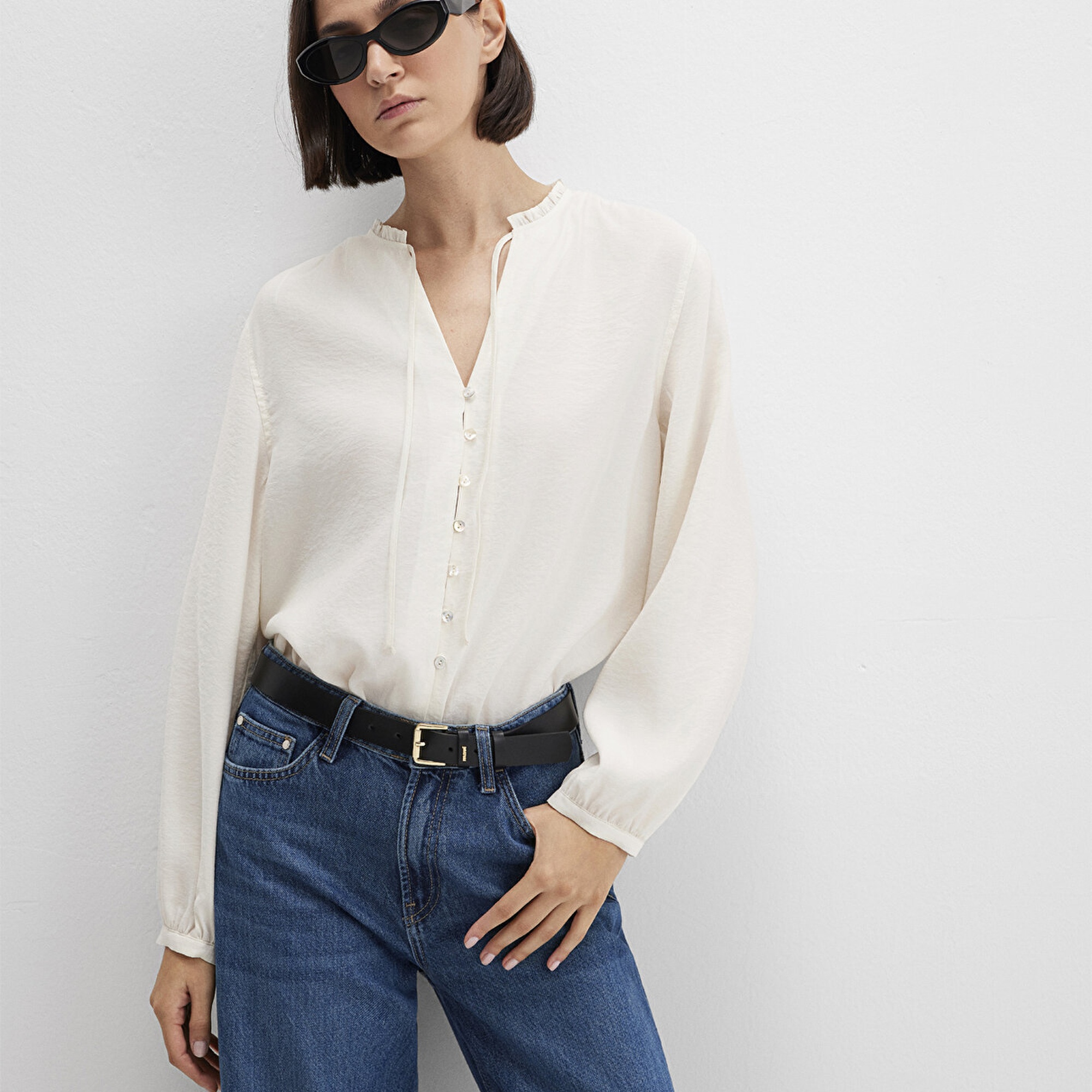 Mavi Ekru Tencel TM Karışımlı Gömlek 1211421-80194