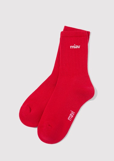  Mavi Miav İşlemeli Kırmızı Soket Çorap 1913899-10076