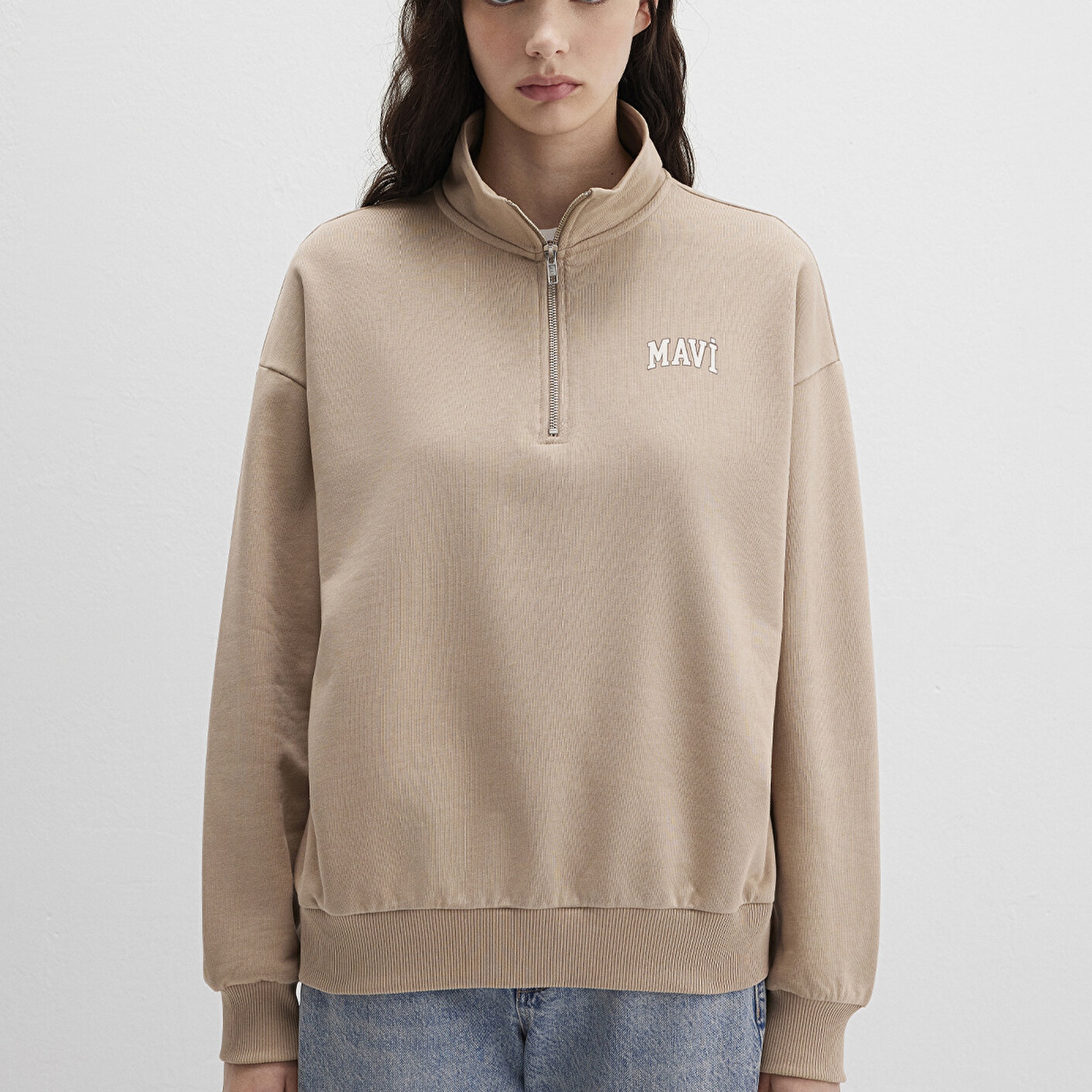 Mavi Mavi Logo Baskılı Bej Sweatshirt 1S10179-70344