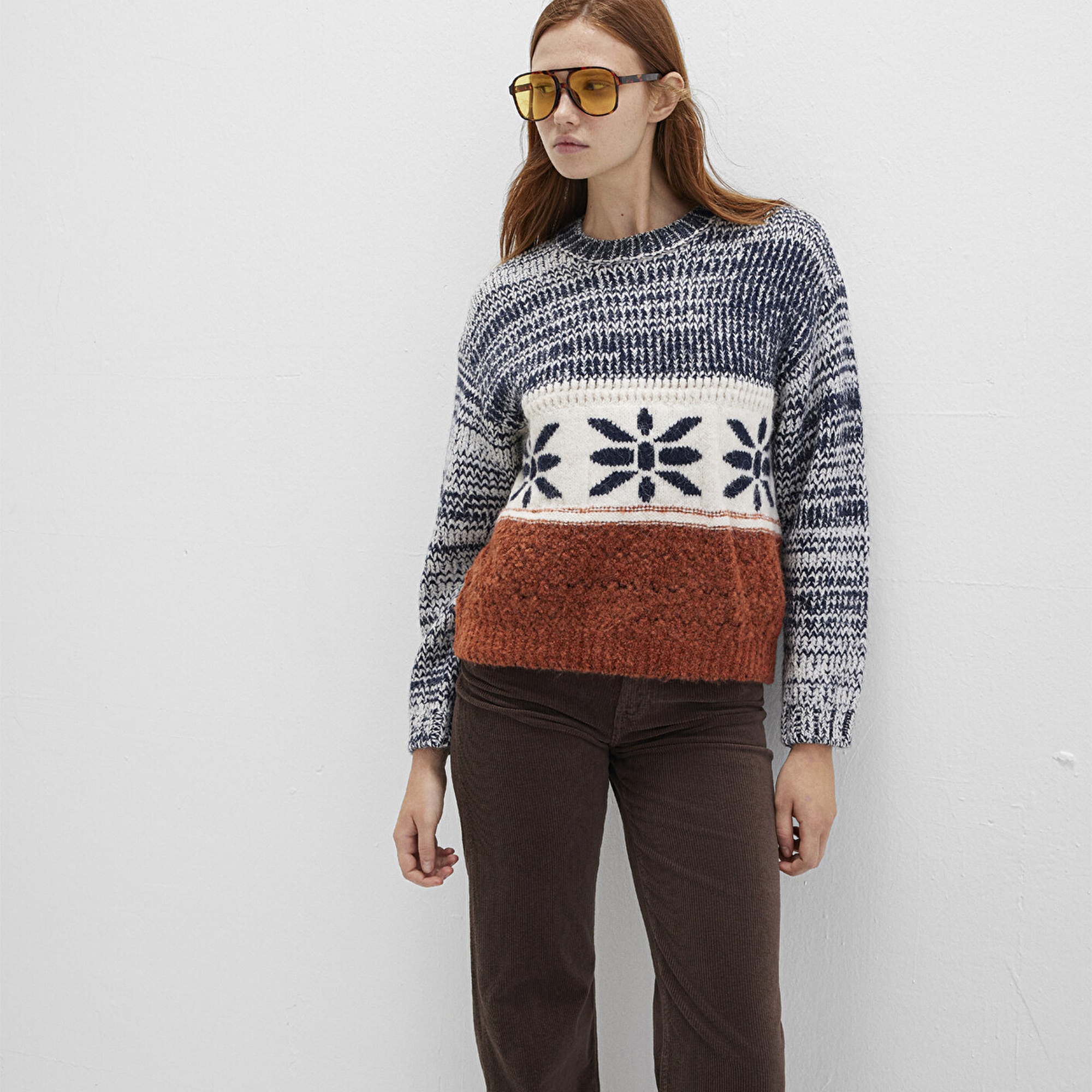 Mavi Kar Tanesi Detaylı Blok Renkli Kazak Loose Fit / Bol Rahat Kesim 1710803-89101