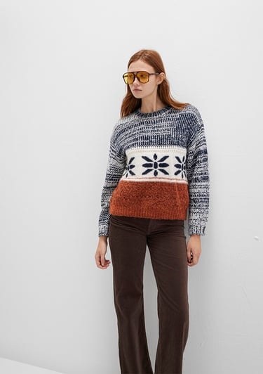  Mavi Kar Tanesi Detaylı Blok Renkli Kazak Loose Fit / Bol Rahat Kesim 1710803-89101