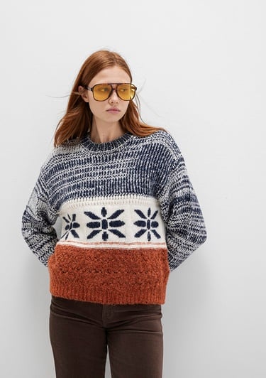  Mavi Kar Tanesi Detaylı Blok Renkli Kazak Loose Fit / Bol Rahat Kesim 1710803-89101