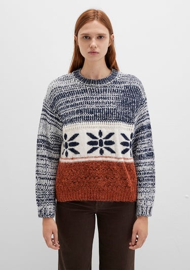  Mavi Kar Tanesi Detaylı Blok Renkli Kazak Loose Fit / Bol Rahat Kesim 1710803-89101