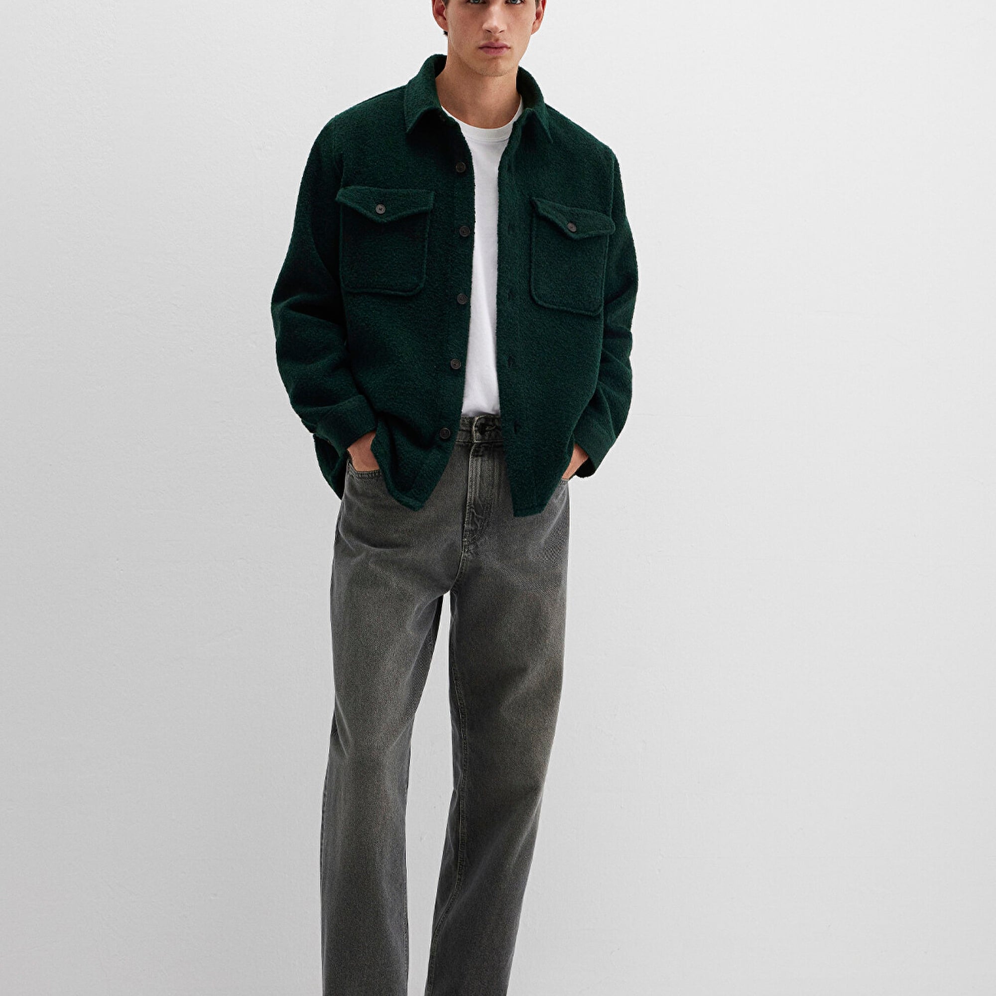 Mavi Yün Karışımlı Yeşil Gömlek Loose Fit / Bol Rahat Kesim 0211780-71929