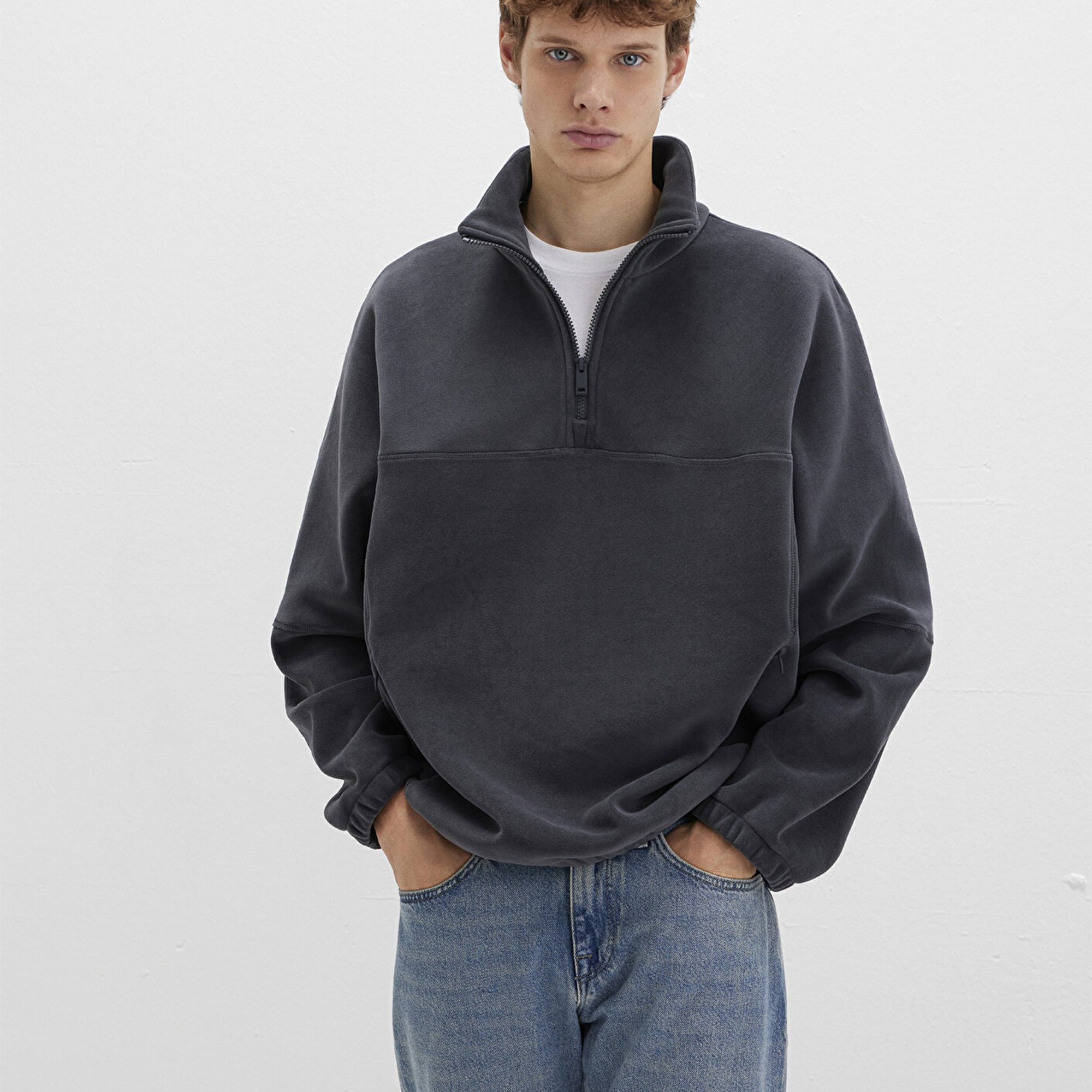 Mavi Dik Yaka Antrasit Sherpa Ceket Loose Fit / Bol Rahat Kesim 0110738-80776