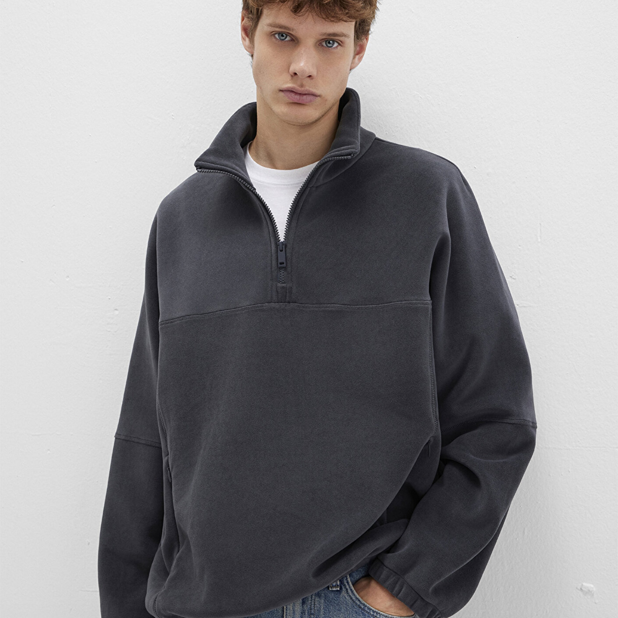 Mavi Dik Yaka Antrasit Sherpa Ceket Loose Fit / Bol Rahat Kesim 0110738-80776