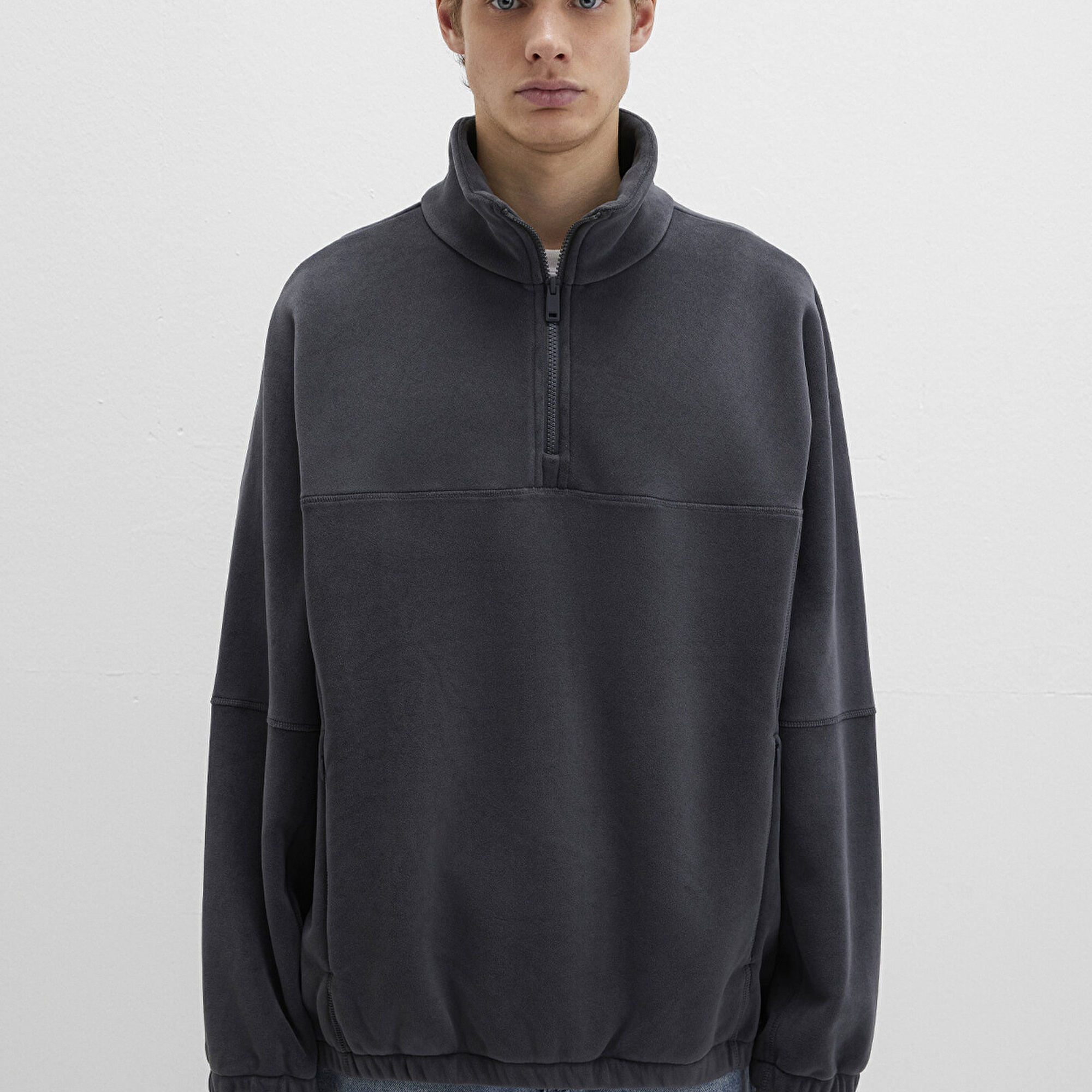 Mavi Dik Yaka Antrasit Sherpa Ceket Loose Fit / Bol Rahat Kesim 0110738-80776