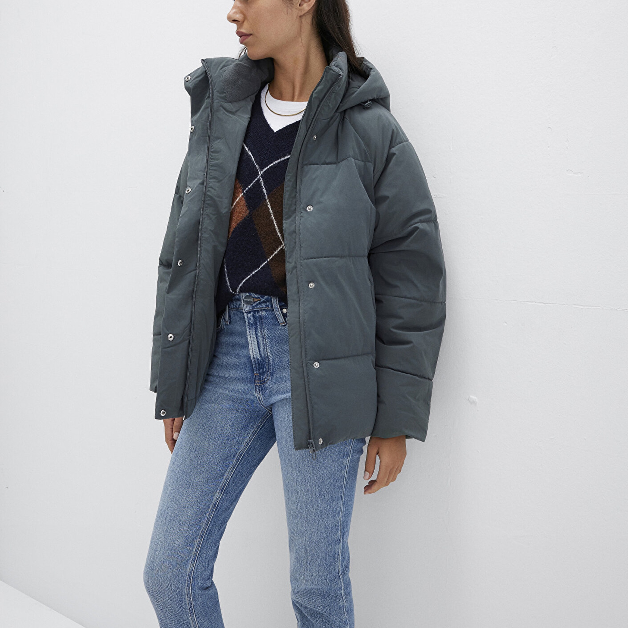 Mavi Kapüşonlu Yeşil Şişme Mont 1110225-71598