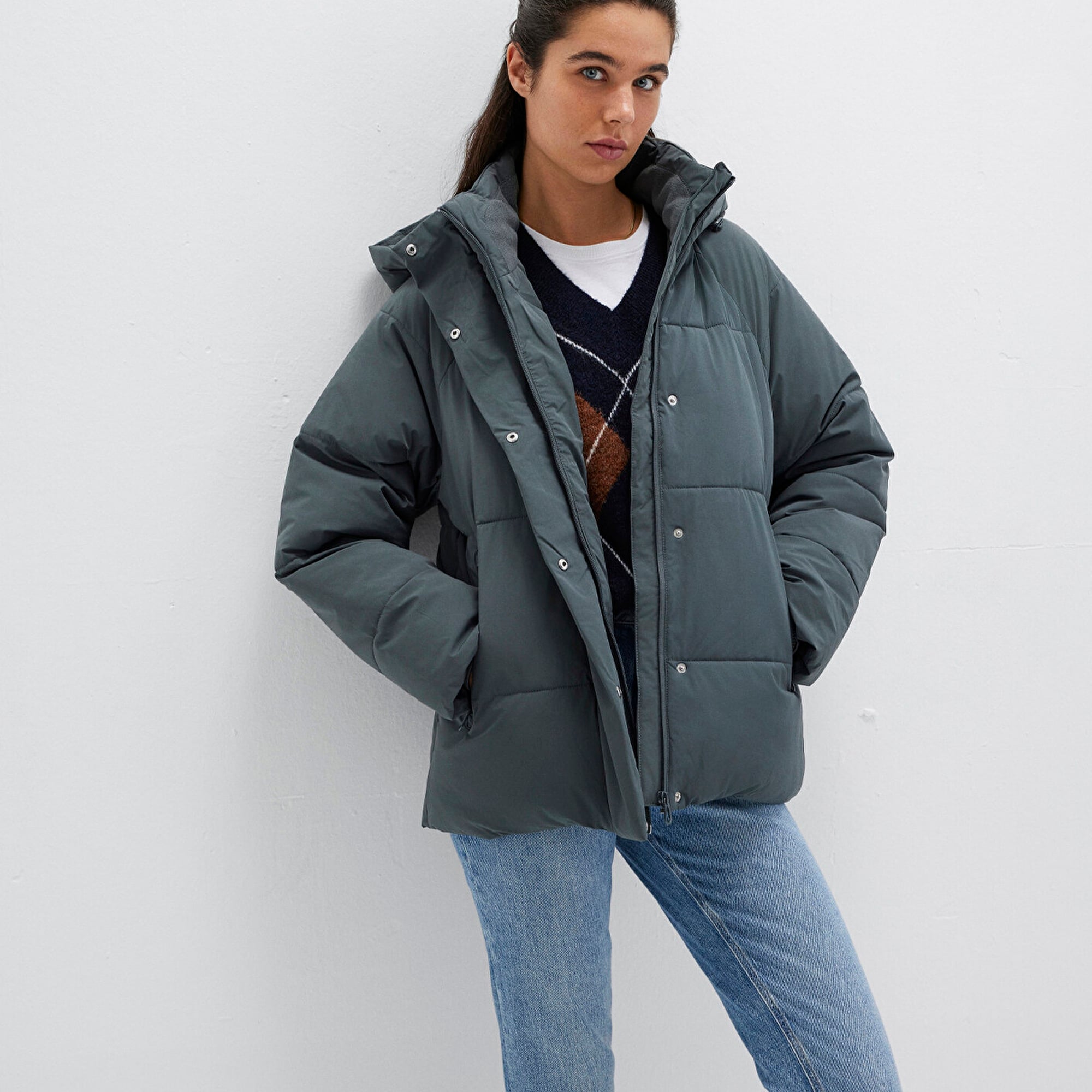 Mavi Kapüşonlu Yeşil Şişme Mont 1110225-71598