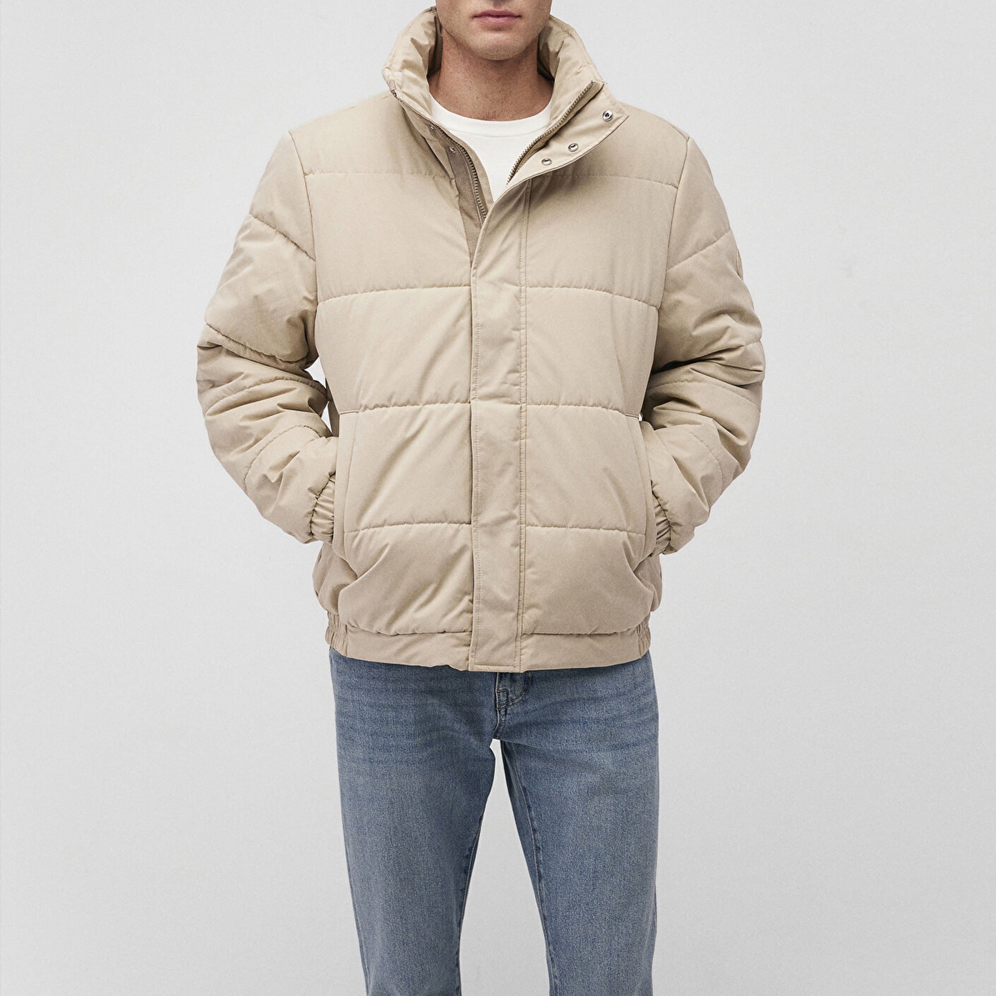 Mavi Dik Yaka Bej Şişme Mont 0110470-86559