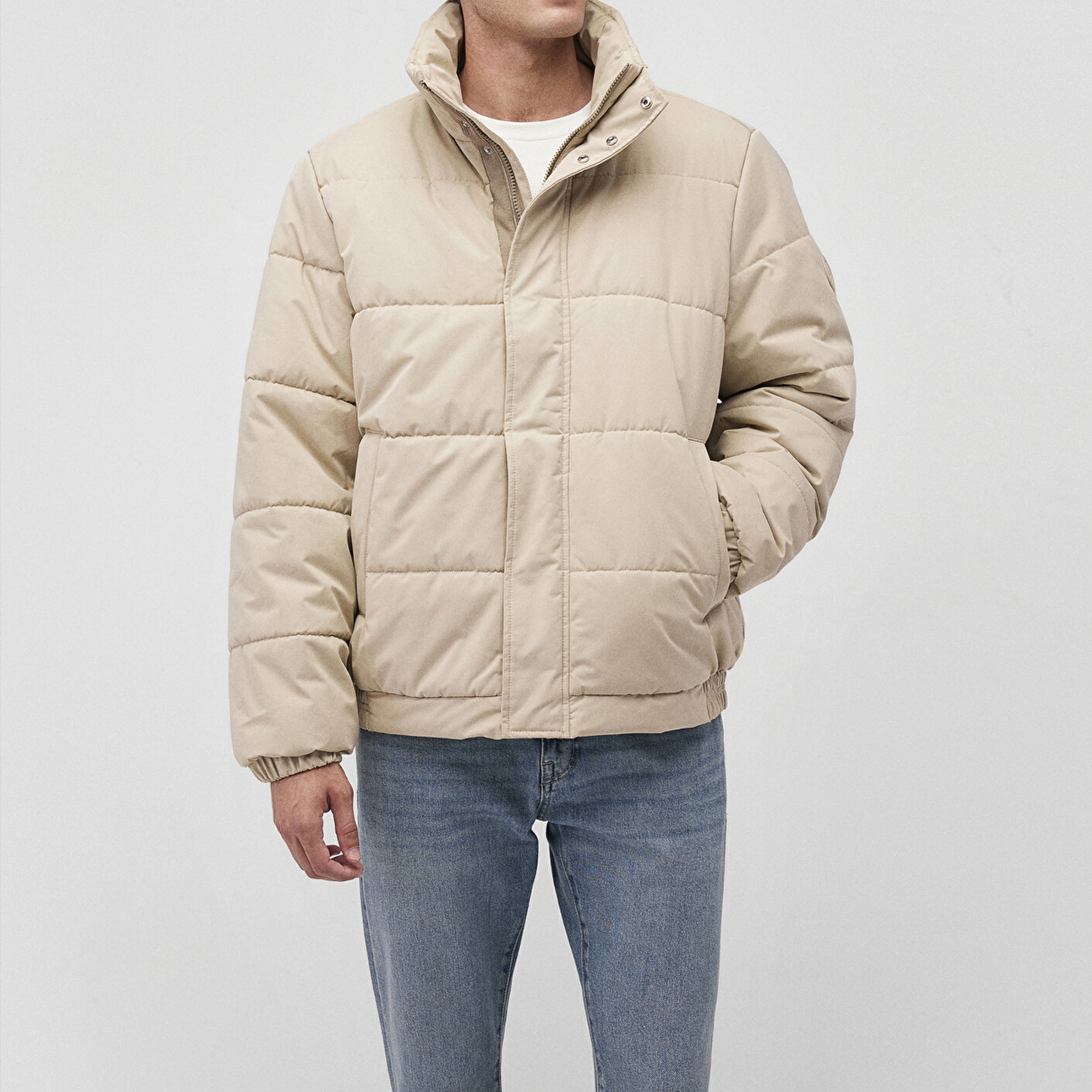 Mavi Dik Yaka Bej Şişme Mont 0110470-86559