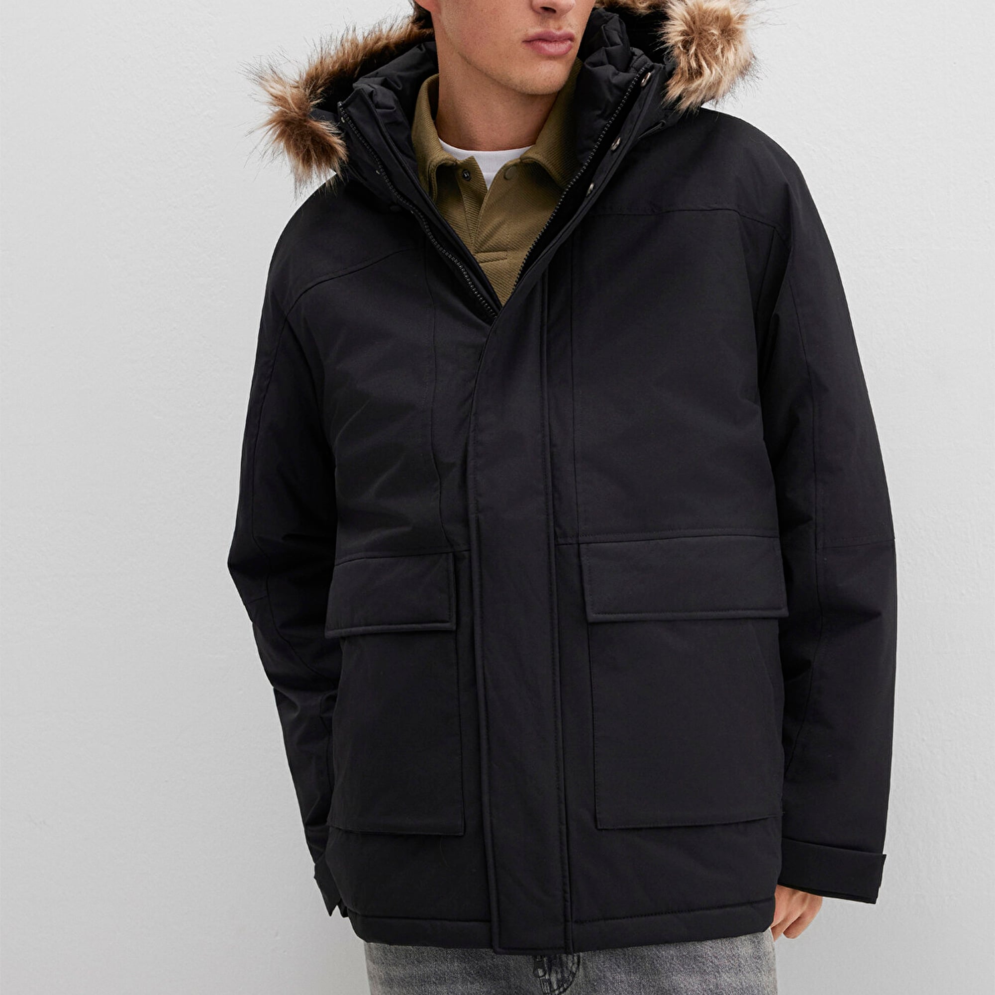 Mavi Kapüşonlu Siyah Parka Loose Fit / Bol Rahat Kesim 0110472-900