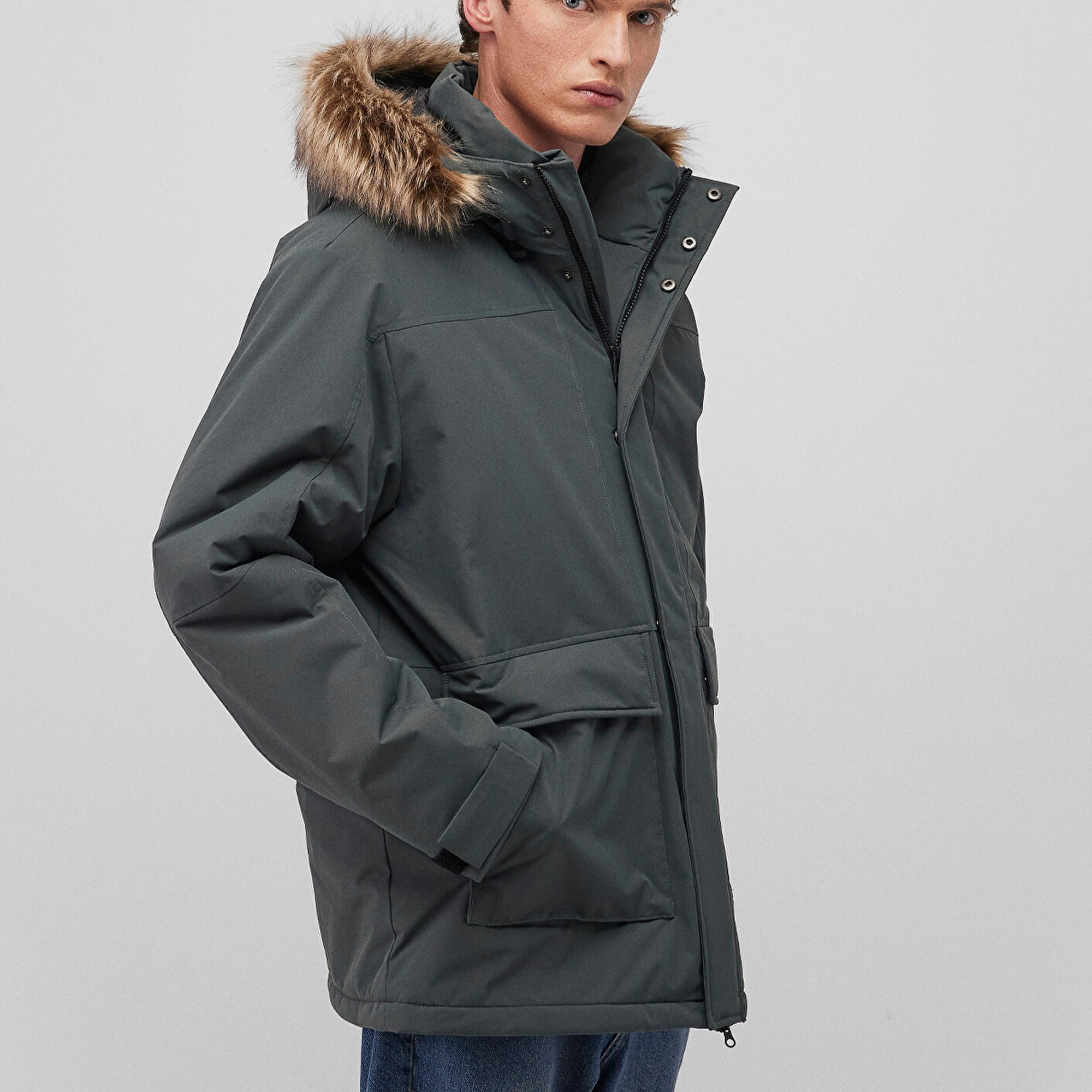 Mavi Kapüşonlu Yeşil Parka Loose Fit / Bol Rahat Kesim 0110472-71598