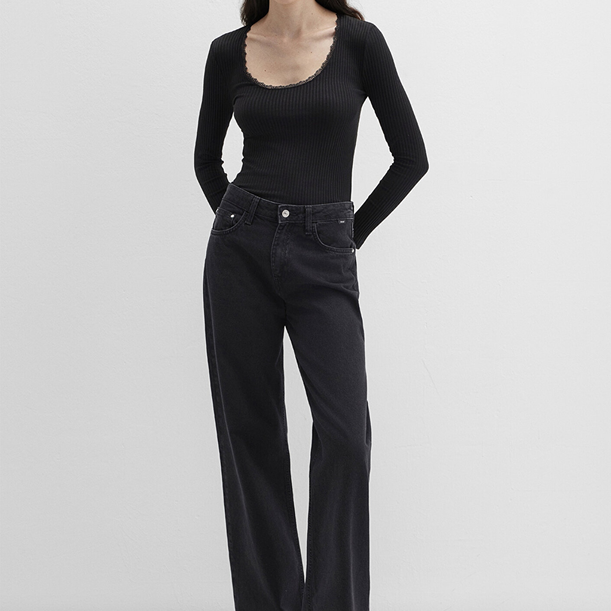 Mavi Siyah Uzun Kollu Tişört Fitted / Vücuda Oturan Kesim 1613616-900