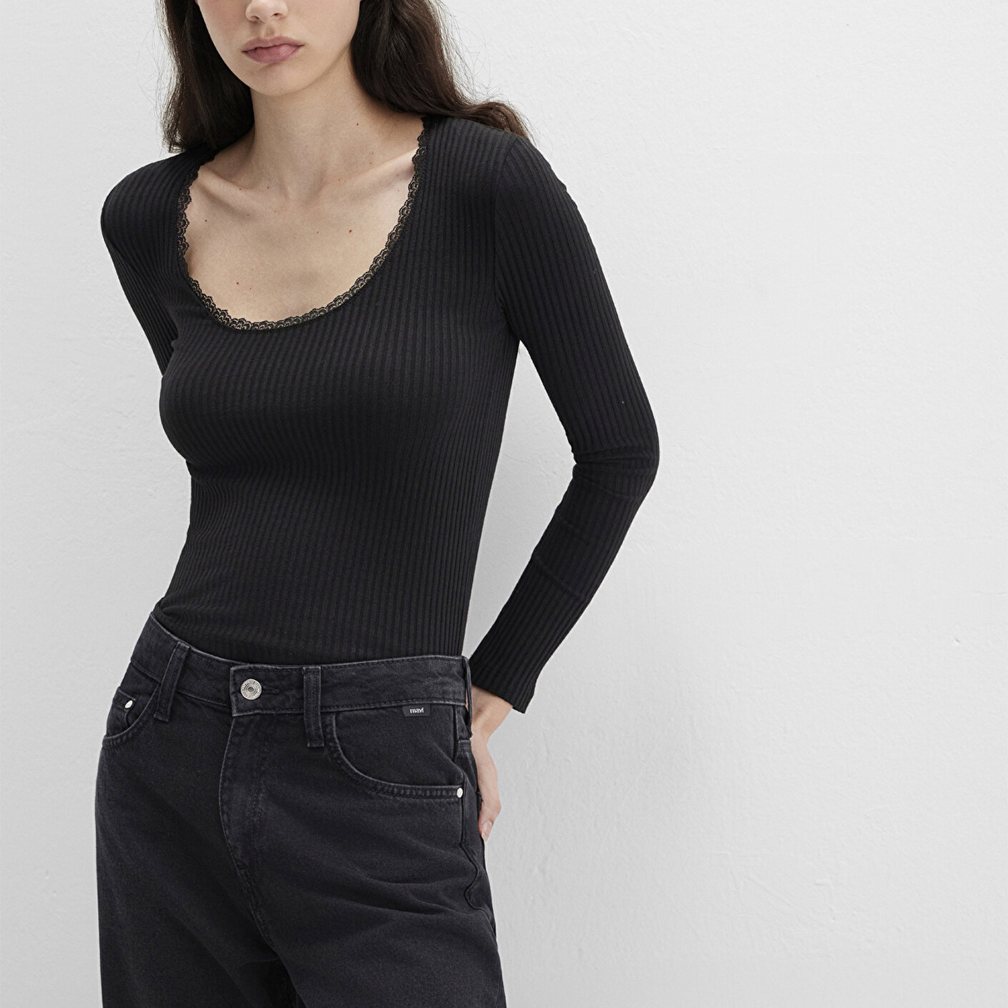 Mavi Siyah Uzun Kollu Tişört Fitted / Vücuda Oturan Kesim 1613616-900