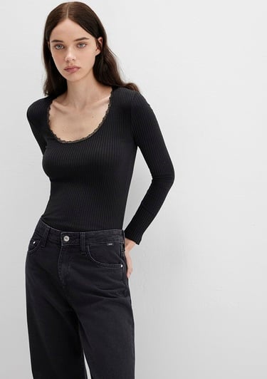  Mavi Siyah Uzun Kollu Tişört Fitted / Vücuda Oturan Kesim 1613616-900