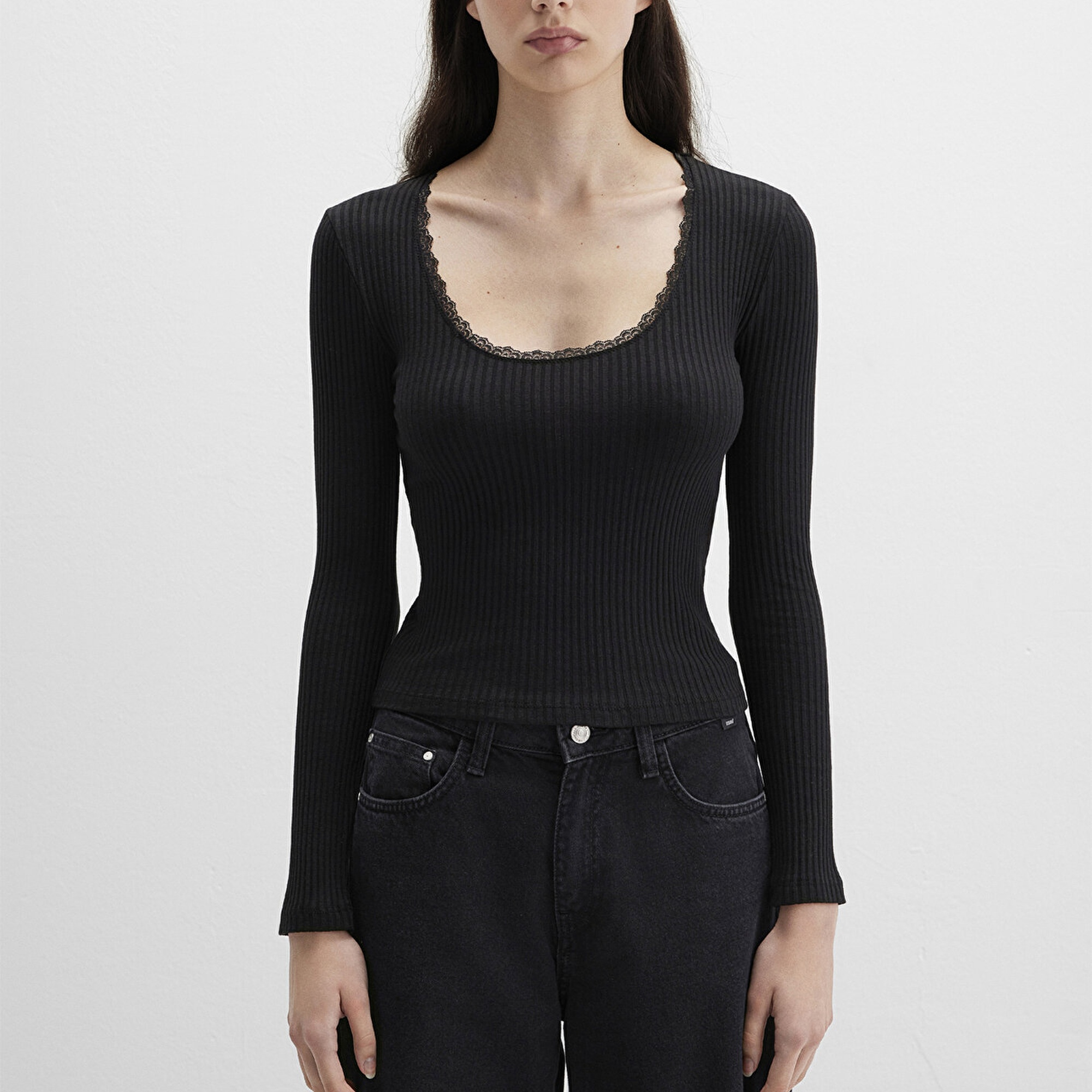 Mavi Siyah Uzun Kollu Tişört Fitted / Vücuda Oturan Kesim 1613616-900