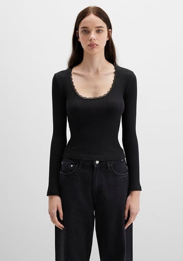  Mavi Siyah Uzun Kollu Tişört Fitted / Vücuda Oturan Kesim 1613616-900