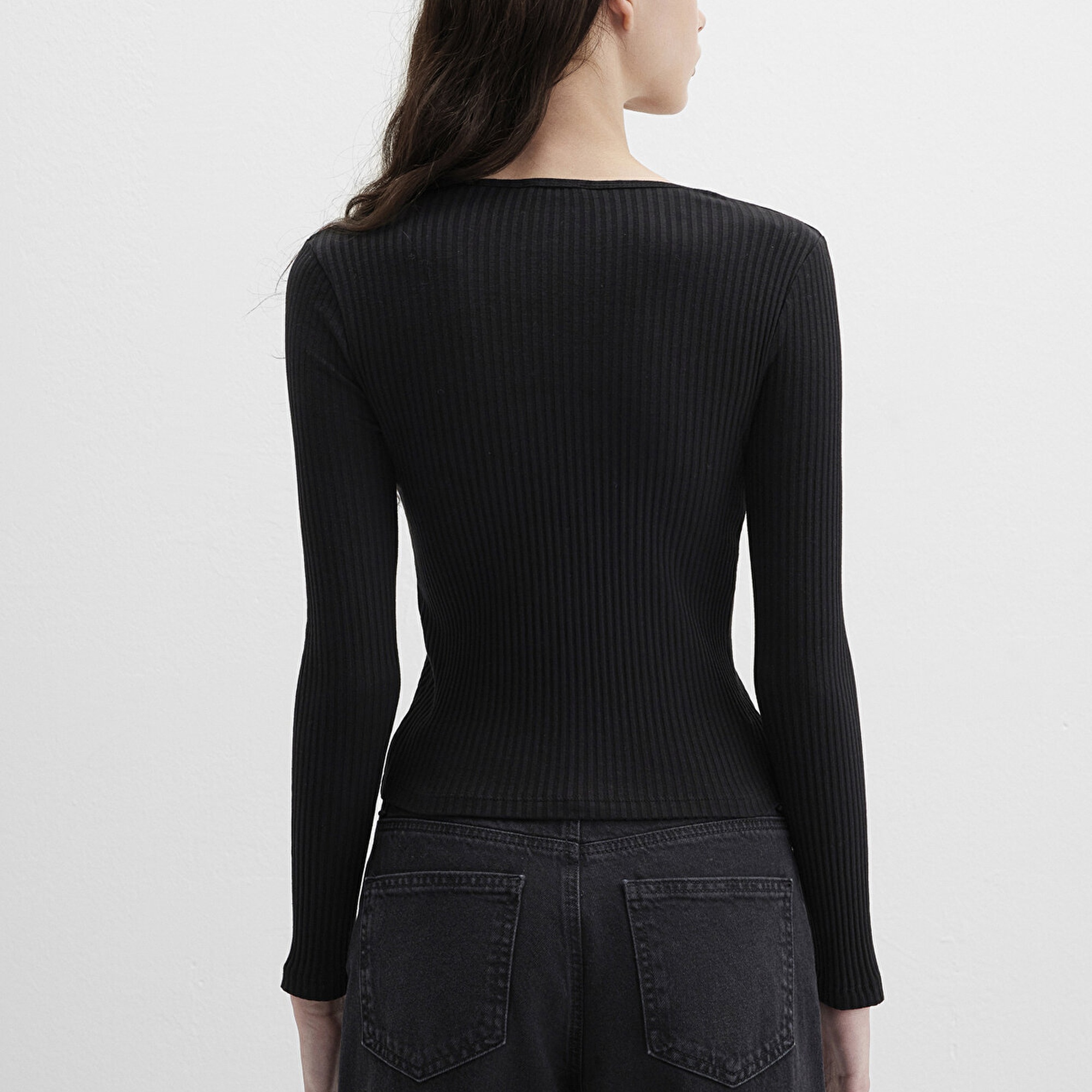 Mavi Siyah Uzun Kollu Tişört Fitted / Vücuda Oturan Kesim 1613616-900