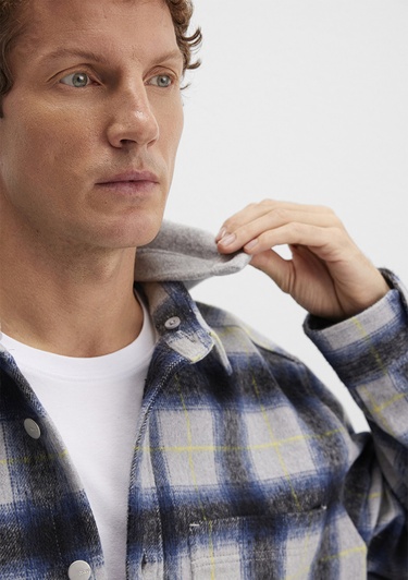  Mavi Yün Karışımlı Kareli Gömlek Loose Fit / Bol Rahat Kesim 0211786-91301