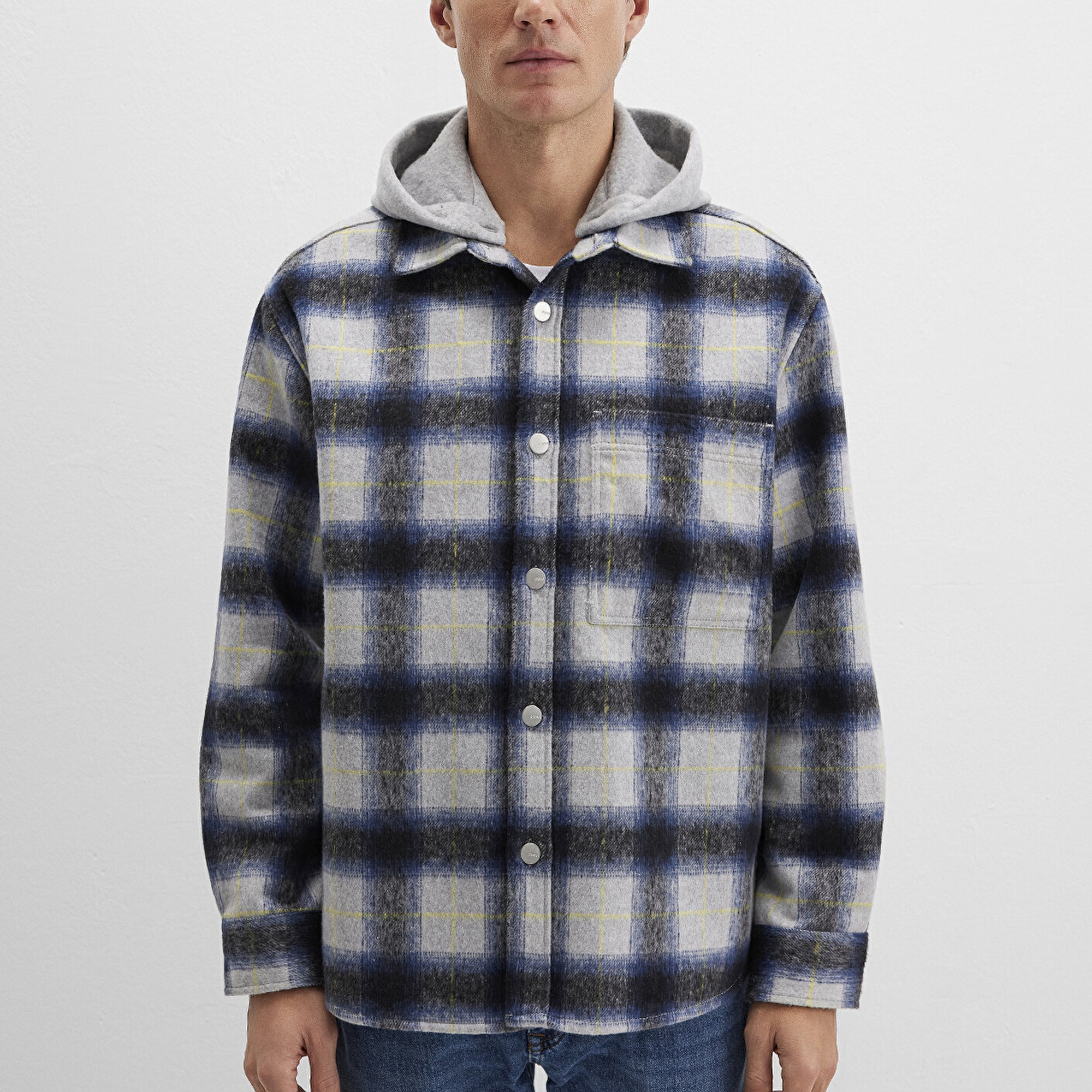 Mavi Yün Karışımlı Kareli Gömlek Loose Fit / Bol Rahat Kesim 0211786-91301