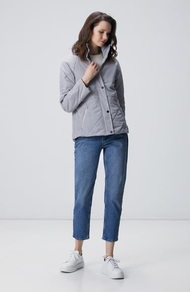  Network Kadın Gri Yarım Kapitone Detaylı Kaban