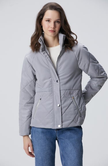  Network Kadın Gri Yarım Kapitone Detaylı Kaban