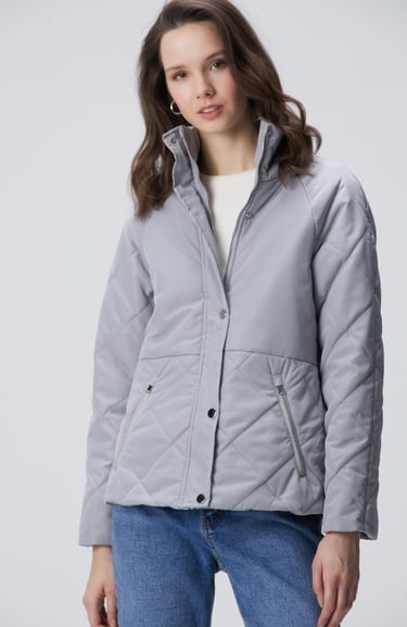  Network Kadın Gri Yarım Kapitone Detaylı Kaban