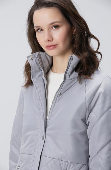  Network Kadın Gri Yarım Kapitone Detaylı Kaban