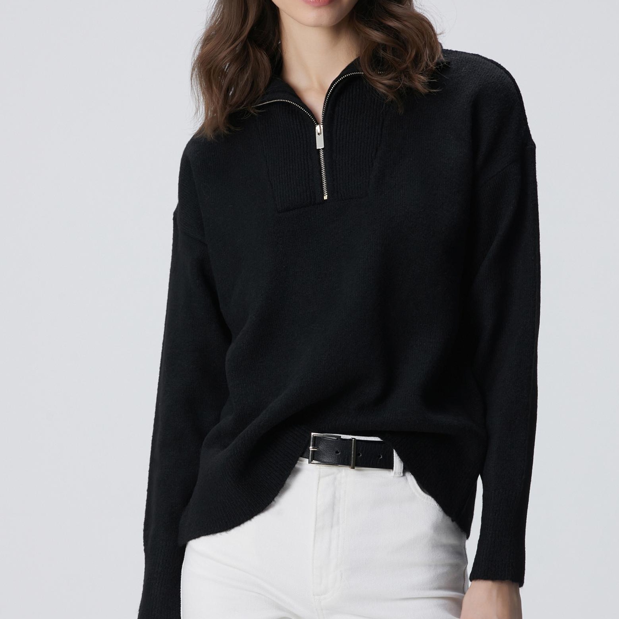 Network Kadın Siyah Dik Yaka Fermuarlı Uzun Kol Kazak