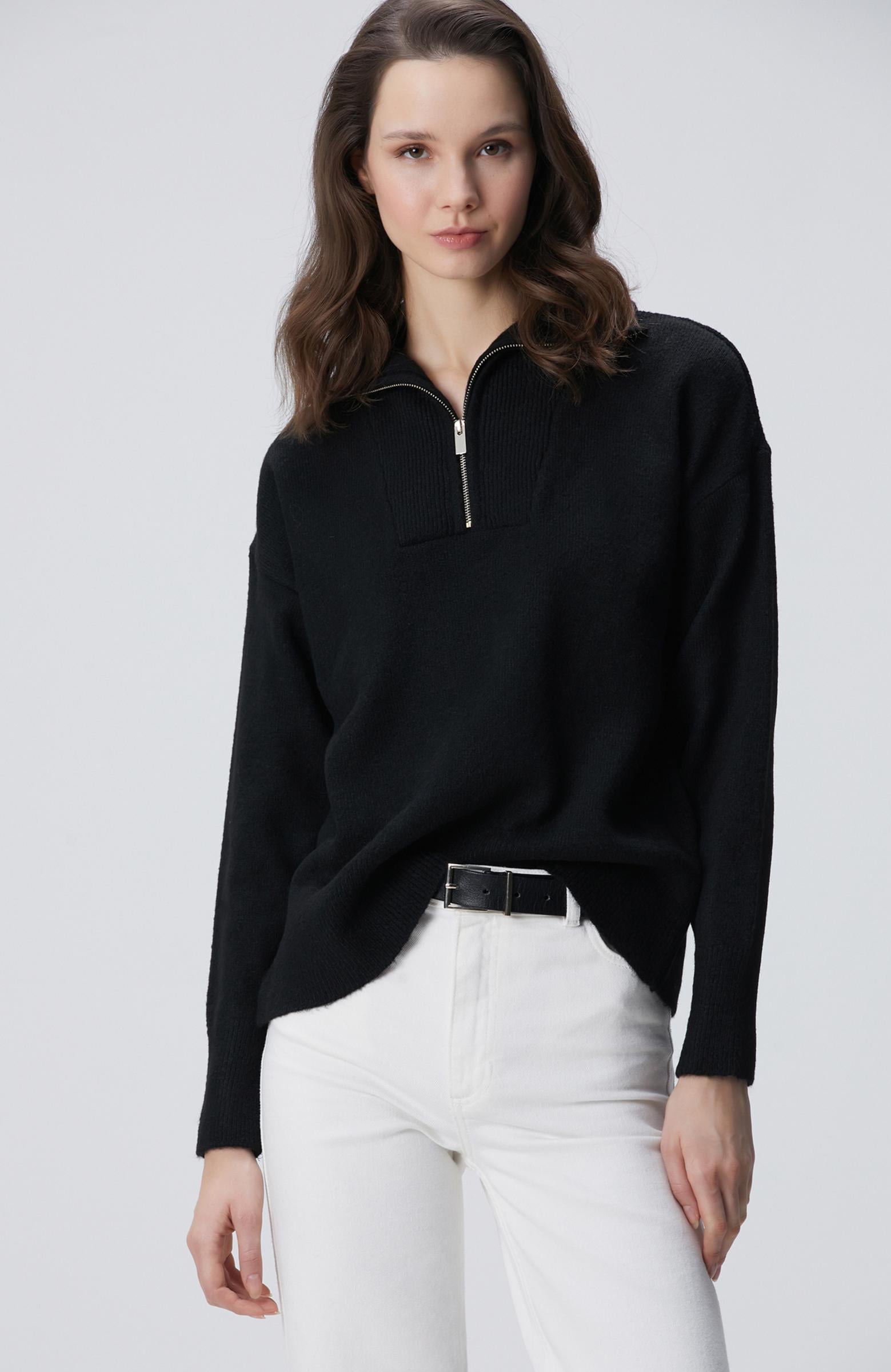  Network Kadın Siyah Dik Yaka Fermuarlı Uzun Kol Kazak