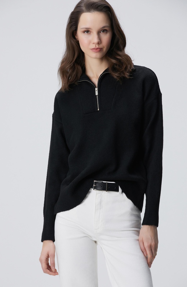  Network Kadın Siyah Dik Yaka Fermuarlı Uzun Kol Kazak