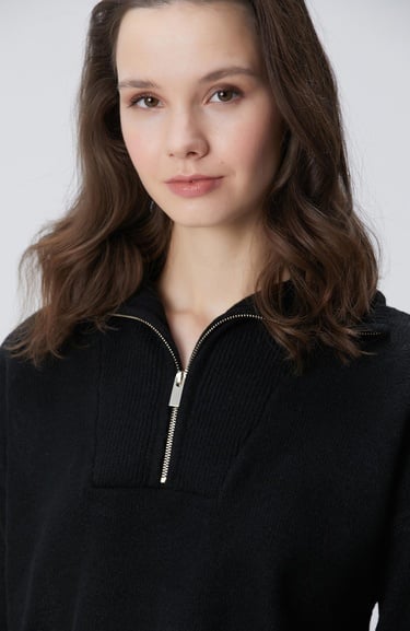  Network Kadın Siyah Dik Yaka Fermuarlı Uzun Kol Kazak